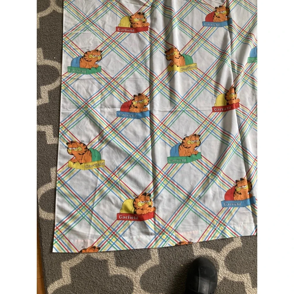 Vintage Garfield Cat Twin Flat Sheet Marlborough Rainbow Plaid Stripe USA Read‎